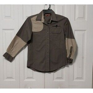 Bob Allen Upland Shirt Ugly Dog Hunting Tan Green Shoulder Pad Woman's Medium